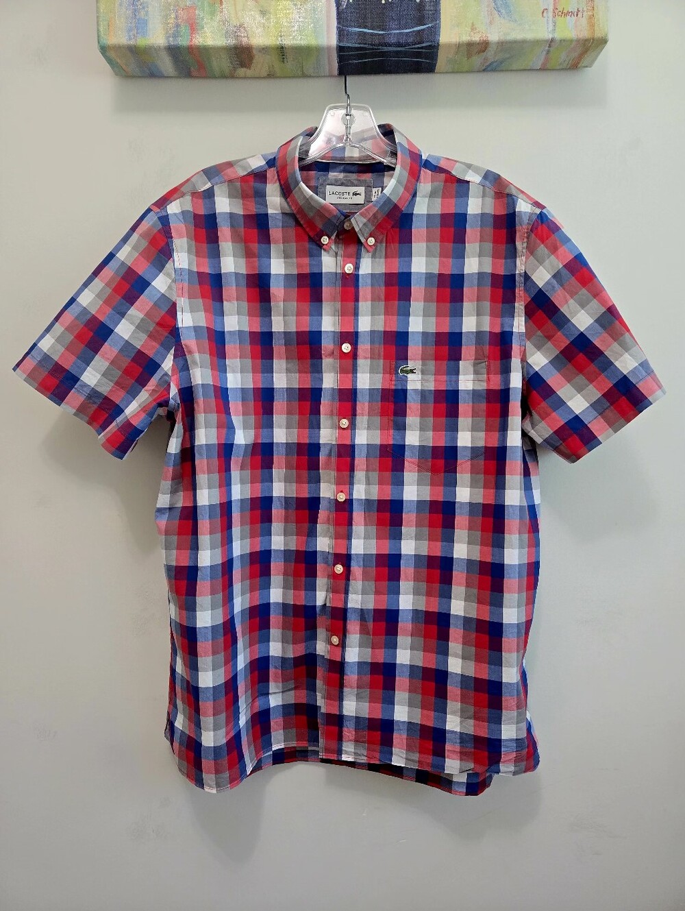 Lacoste Cotton Red, Blue & White Plaid Short-Sleeve Button-Down Shirt US XL